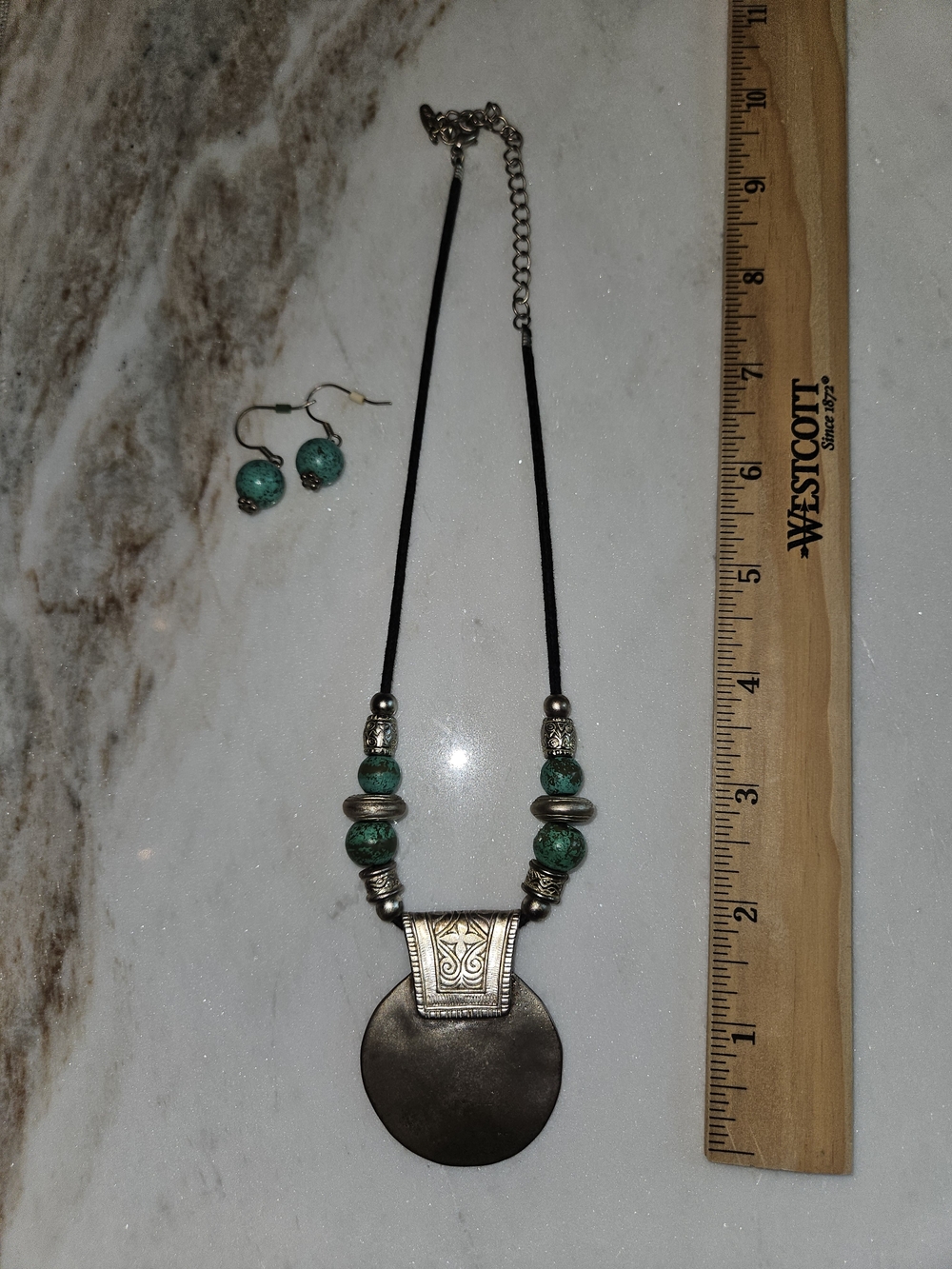 Silver Pendant Necklace with Turquoise Beads and Earrings - Picture 2 of 3